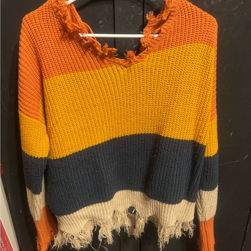 Rue21 V-Neck Sweater with Orange, Yellow, and Blue Stripes